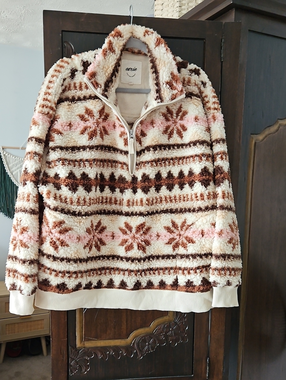 aerie Cream, Brown & Pink Sherpa Half-Zip Pullover